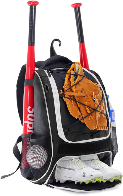 | Youth Baseball Bag - Bat Backpack for Baseball, T-Ball & Softball Equipment & Gear, Bat & Glove Holder, Large Main Compartment for Helmet & Accessories, Separate Shoes Compartment, Fence Hook