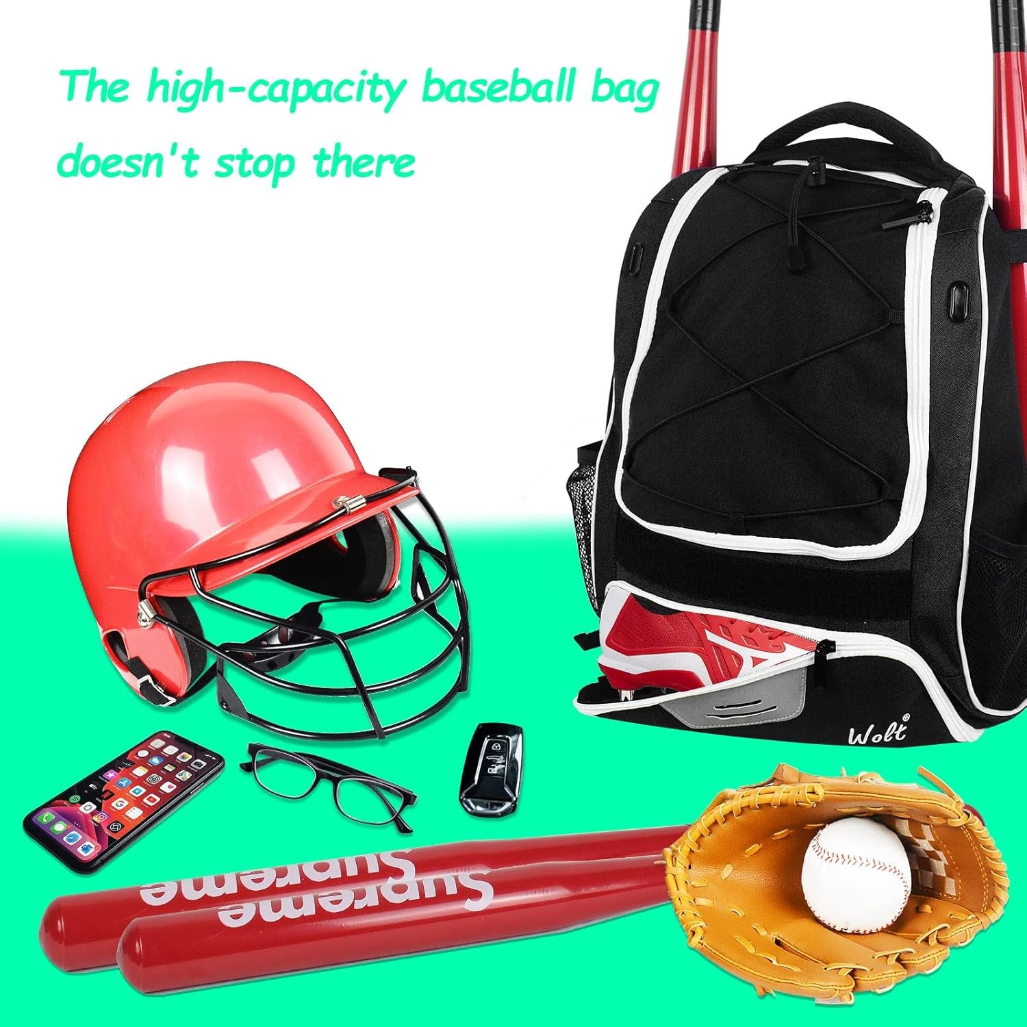 | Youth Baseball Bag - Bat Backpack for Baseball, T-Ball & Softball Equipment & Gear, Bat & Glove Holder, Large Main Compartment for Helmet & Accessories, Separate Shoes Compartment, Fence Hook