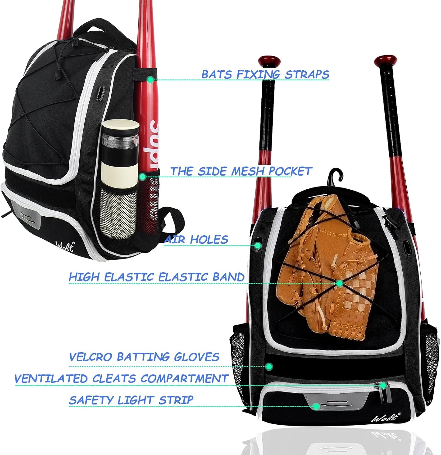 | Youth Baseball Bag - Bat Backpack for Baseball, T-Ball & Softball Equipment & Gear, Bat & Glove Holder, Large Main Compartment for Helmet & Accessories, Separate Shoes Compartment, Fence Hook
